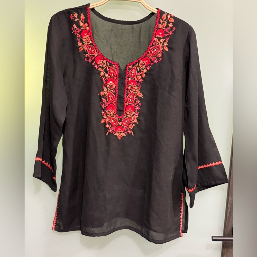 Embroidered Black and Red Women's Top with sequins detail